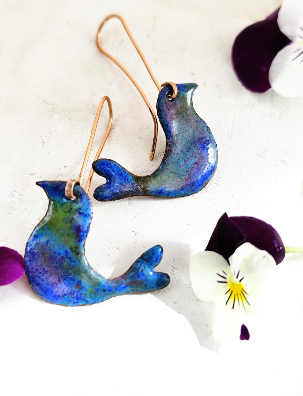 Blue Enamel Bird Earrings with Long Copper Hooks