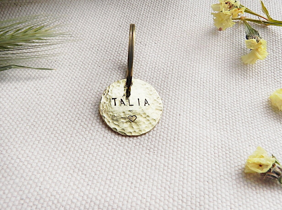 25mm Hammered Brass Round Pet Tag / Personalized ID / Key-ring Charm