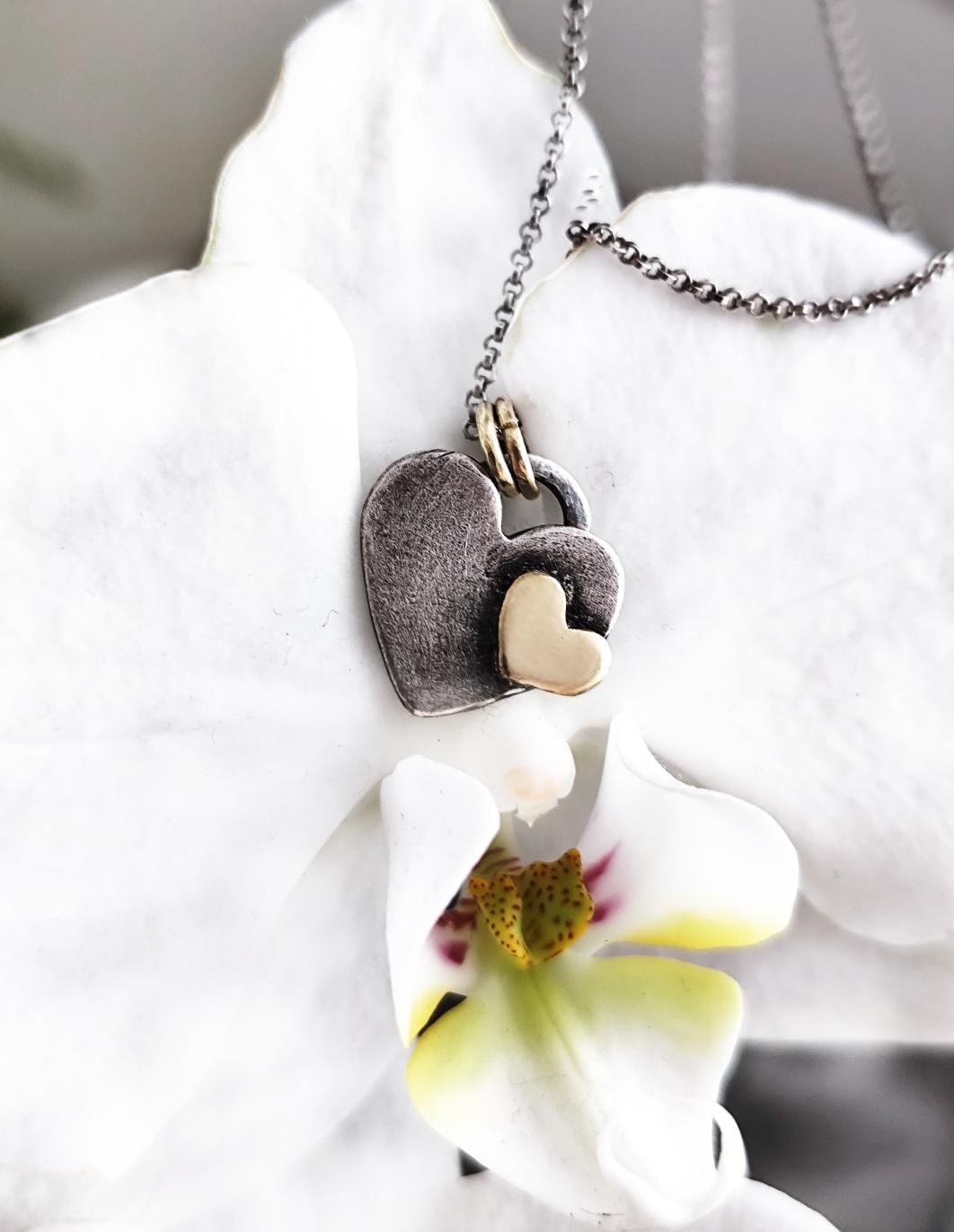 Heart Pendant - Two Hearts United - Artisan Sterling Silver & Brass Necklace in Antiqued Silver