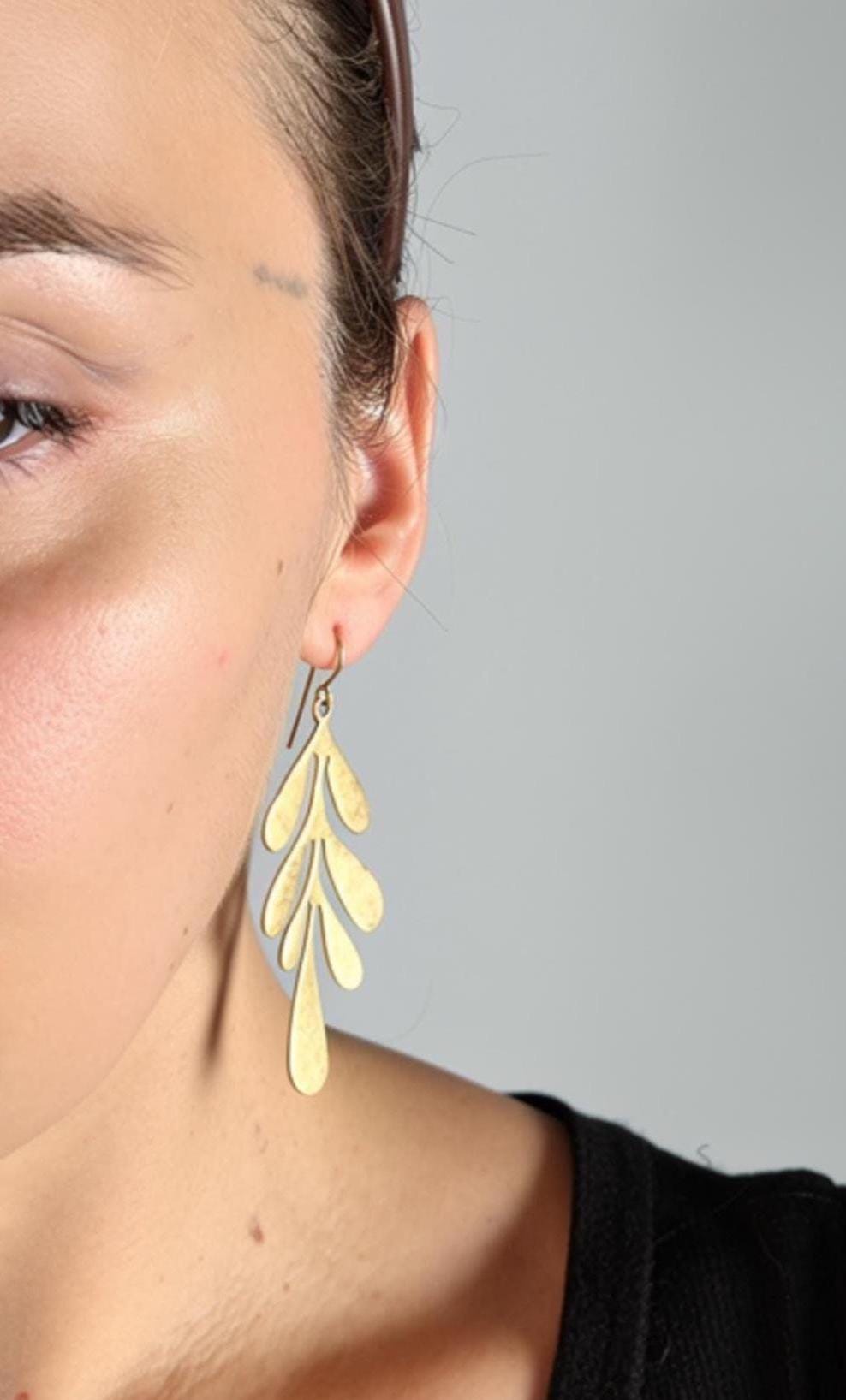Long Brass Leaf Earrings, Textured Finish Brass Earrings, Brass Dangle Earrings with Sterling Hook/Post, Gold Floral Brass Earrings