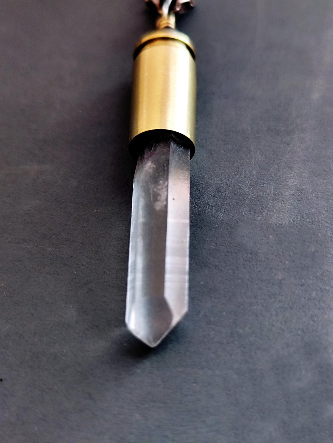 Natural Crystal Quartz Point Bullet Casing Pendant Necklace with Sturdy Silver Chain