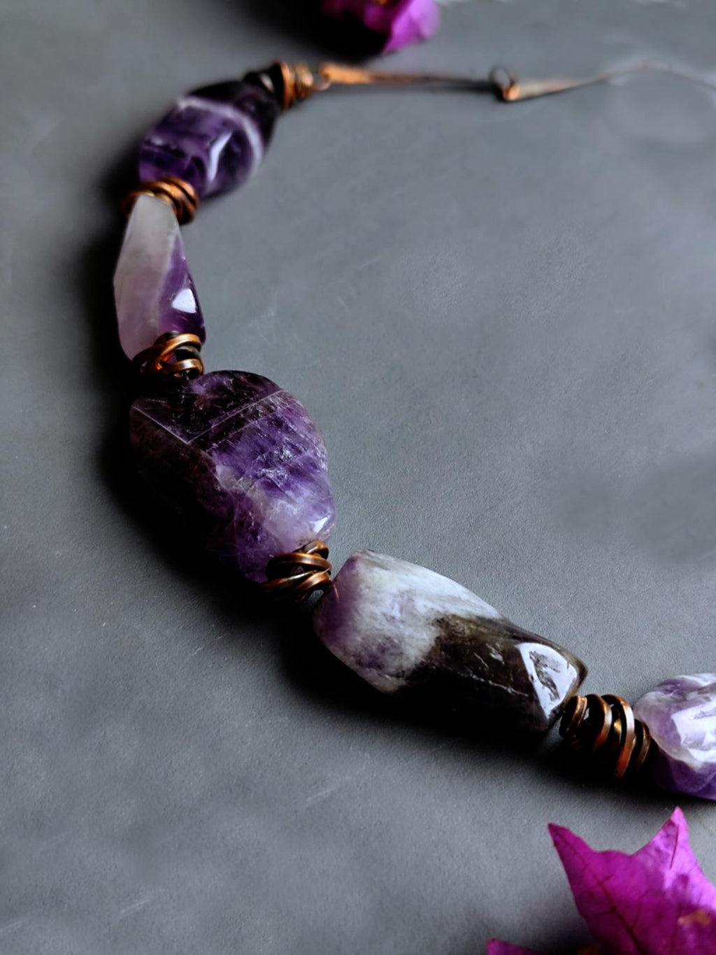 Chunky Amethyst Statement Necklace with Hand-Forged Chain
