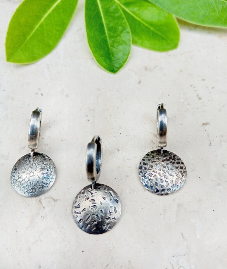 Short Hoop Earrings with Textured Disc Coins