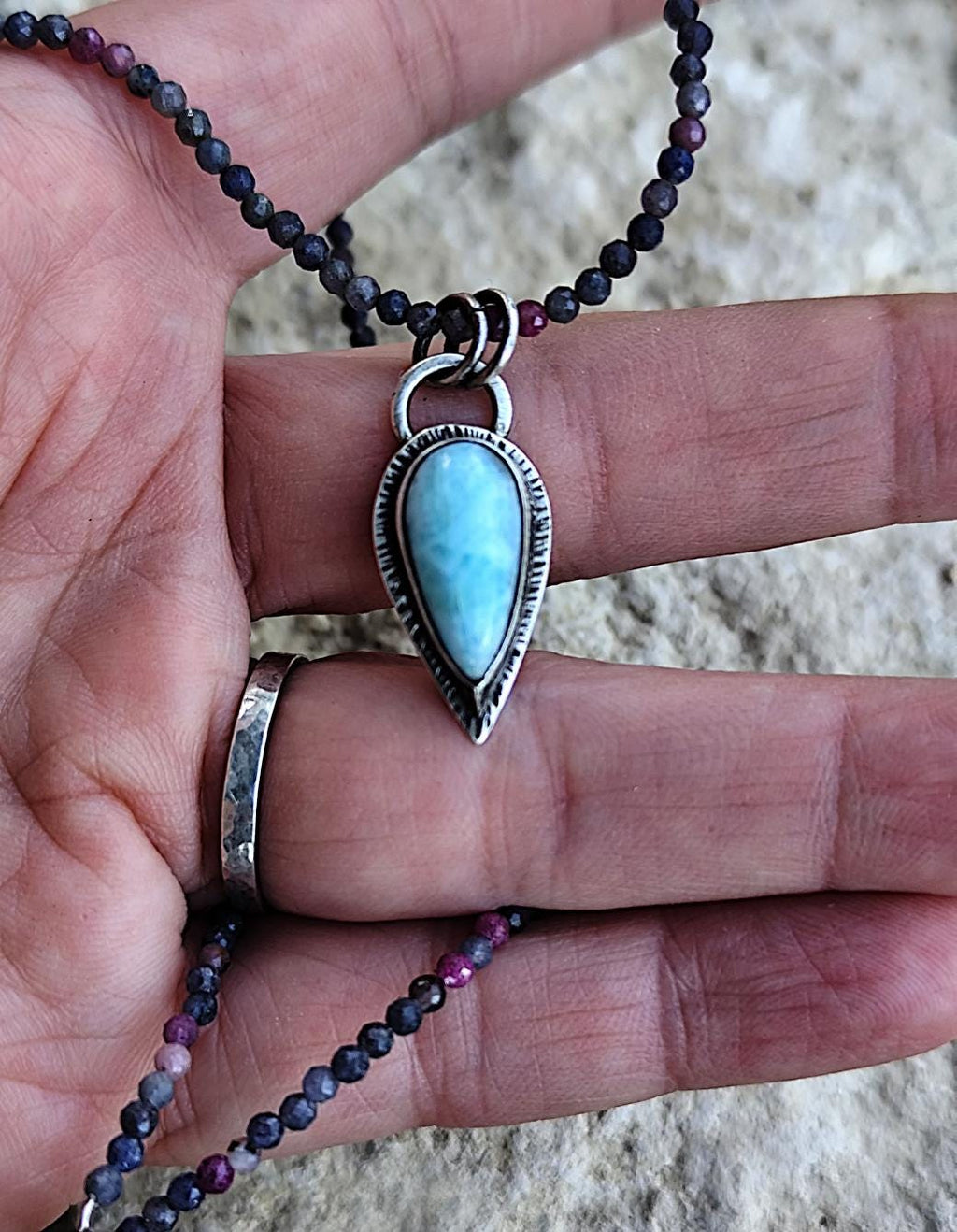 Larimar Necklace with Sapphire & Ruby Choker Choker & Gemstone Drop Charm