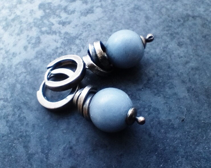 Rustic Silver Angelite Earrings, Pale Blue Stone Jewellery, Handmade Jewellery Silver, Angelite Hoops, Angel Stone Jewellery Oxidized Silver