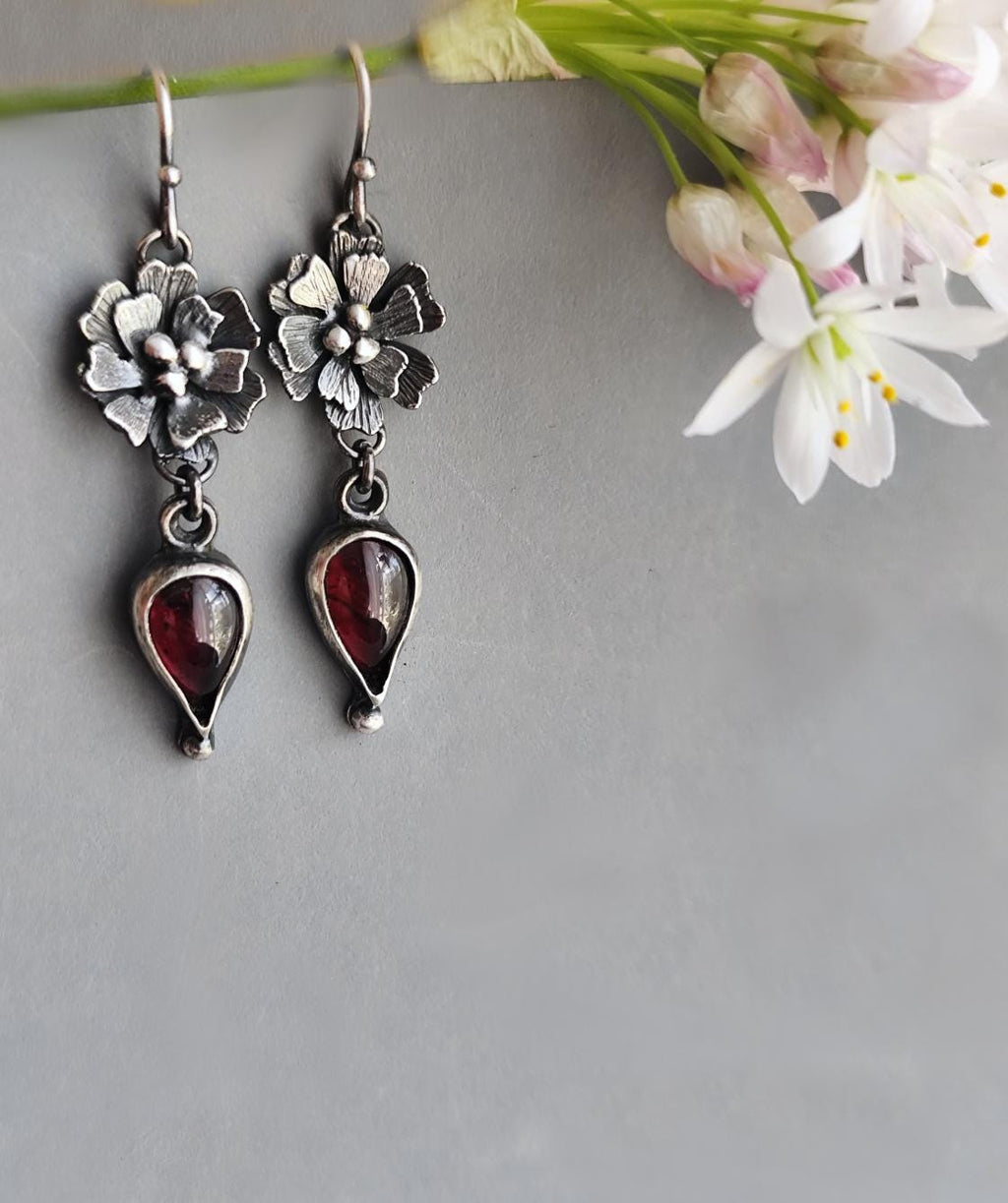Floral Garnet Drop Earrings in Antiqued Sterling Silver