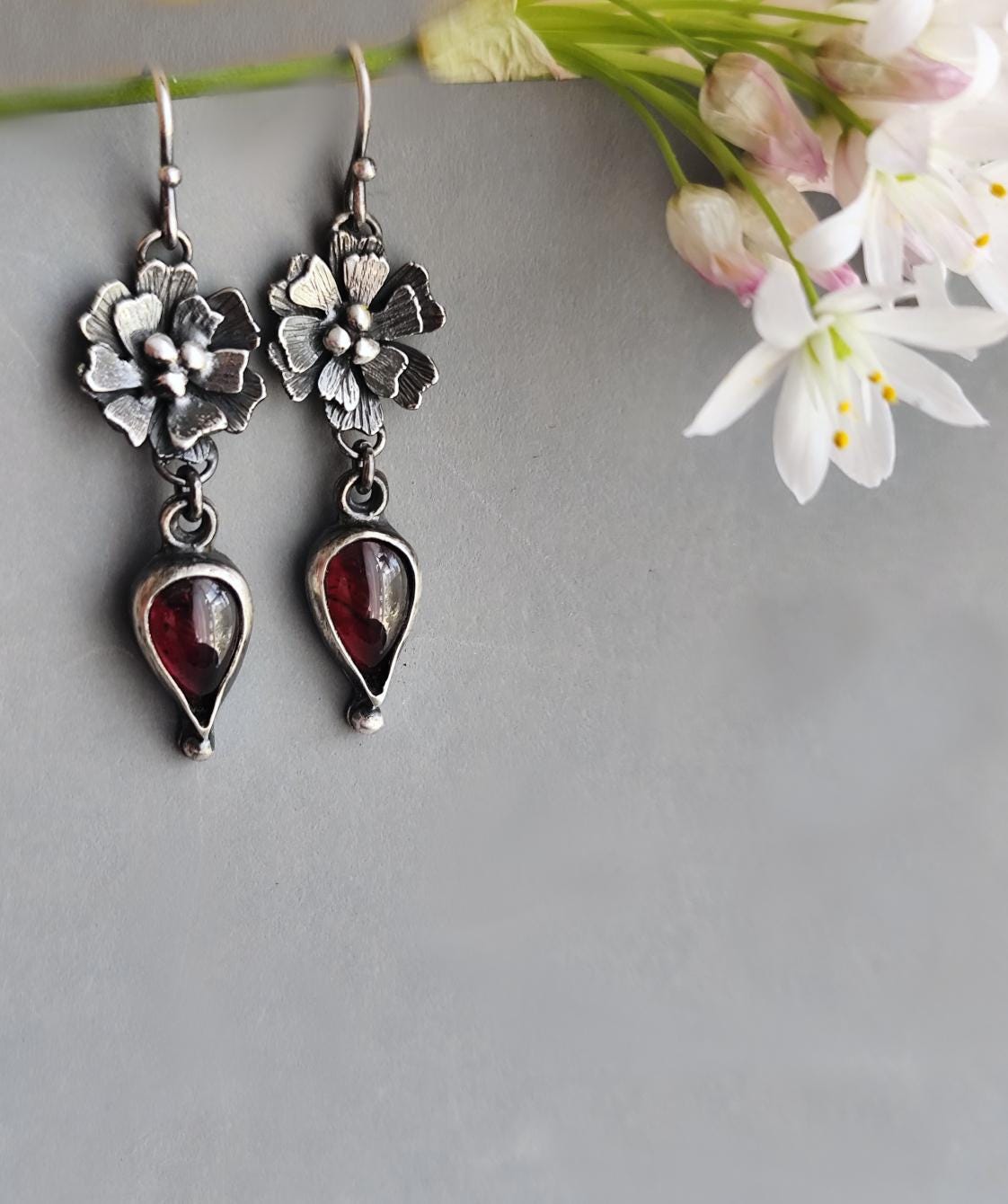 Floral Garnet Drop Earrings in Antiqued Sterling Silver