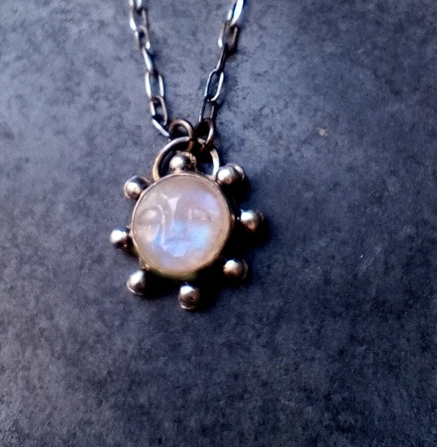Small Moonstone Face Pendant Silver Amulet Necklace