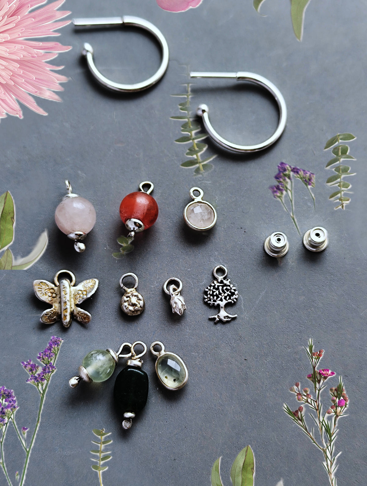 Hoop earrings with 10 charms - Gems in Green & Pink Shade, Butterfly, Flowers & Tree