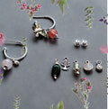 Hoop earrings with 10 charms - Gems in Green & Pink Shade, Butterfly, Flowers & Tree