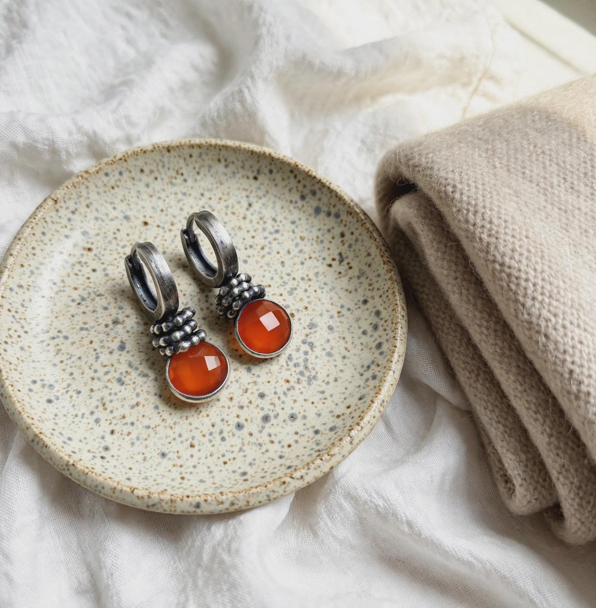 Carnelian Earrings Oxidized Sterling & Carnelian Hoops/ Creoles