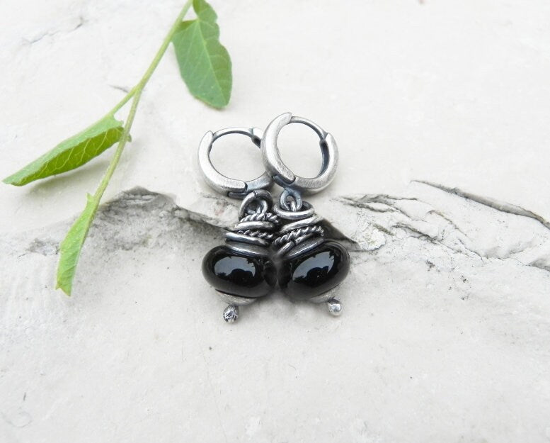 Black Onyx Earrings Raw Silver Ring Details Top