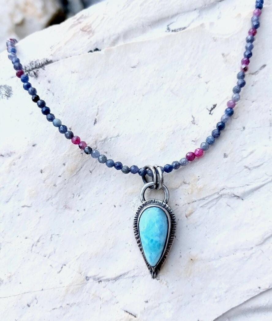 Larimar Necklace with Sapphire & Ruby Choker Choker & Gemstone Drop Charm