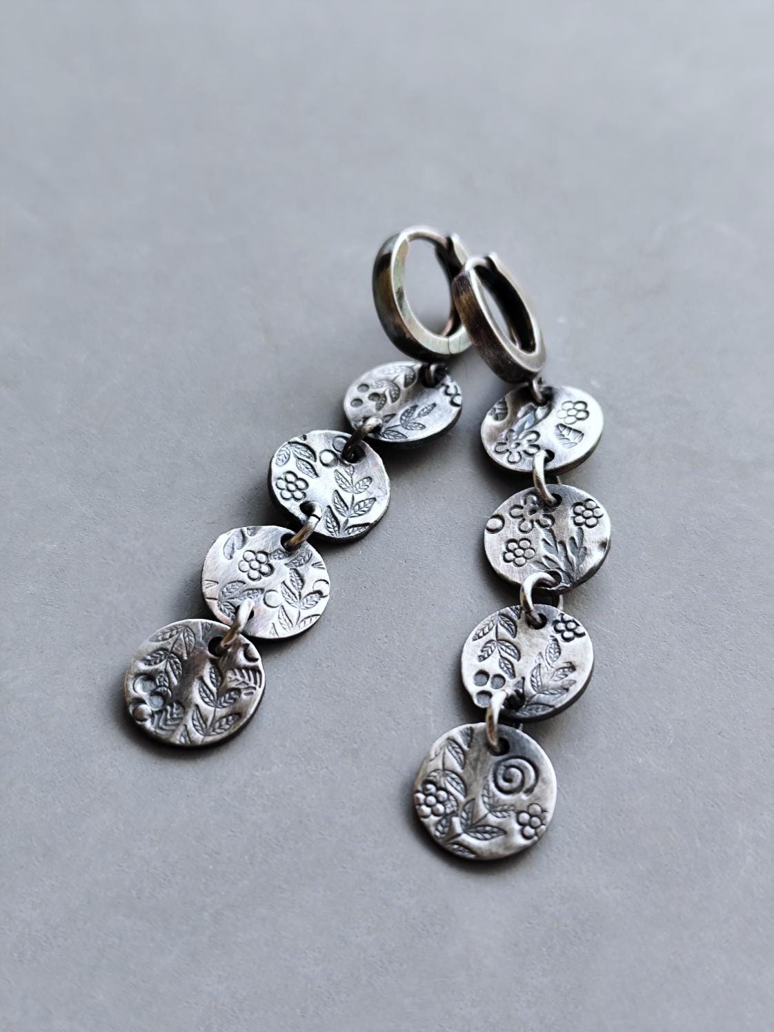 Textured Floral Detail Hoop Earrings with Stamped Coins