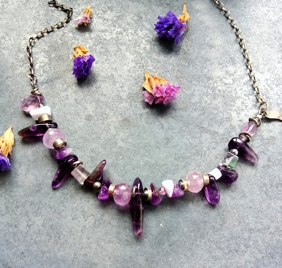 Silver Amethyst and Fluorite Bar Necklace with Oxidized Silver Chain - Vol. II