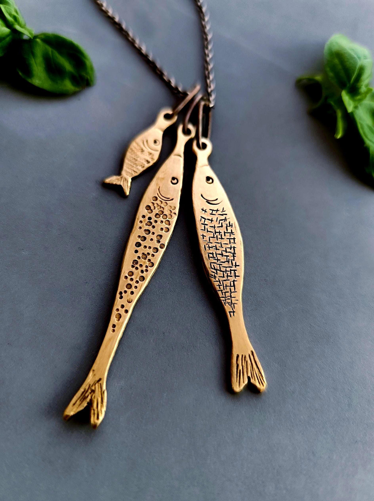 Fish Pendant in Golden Brass - 3 Sardines Stack Necklace