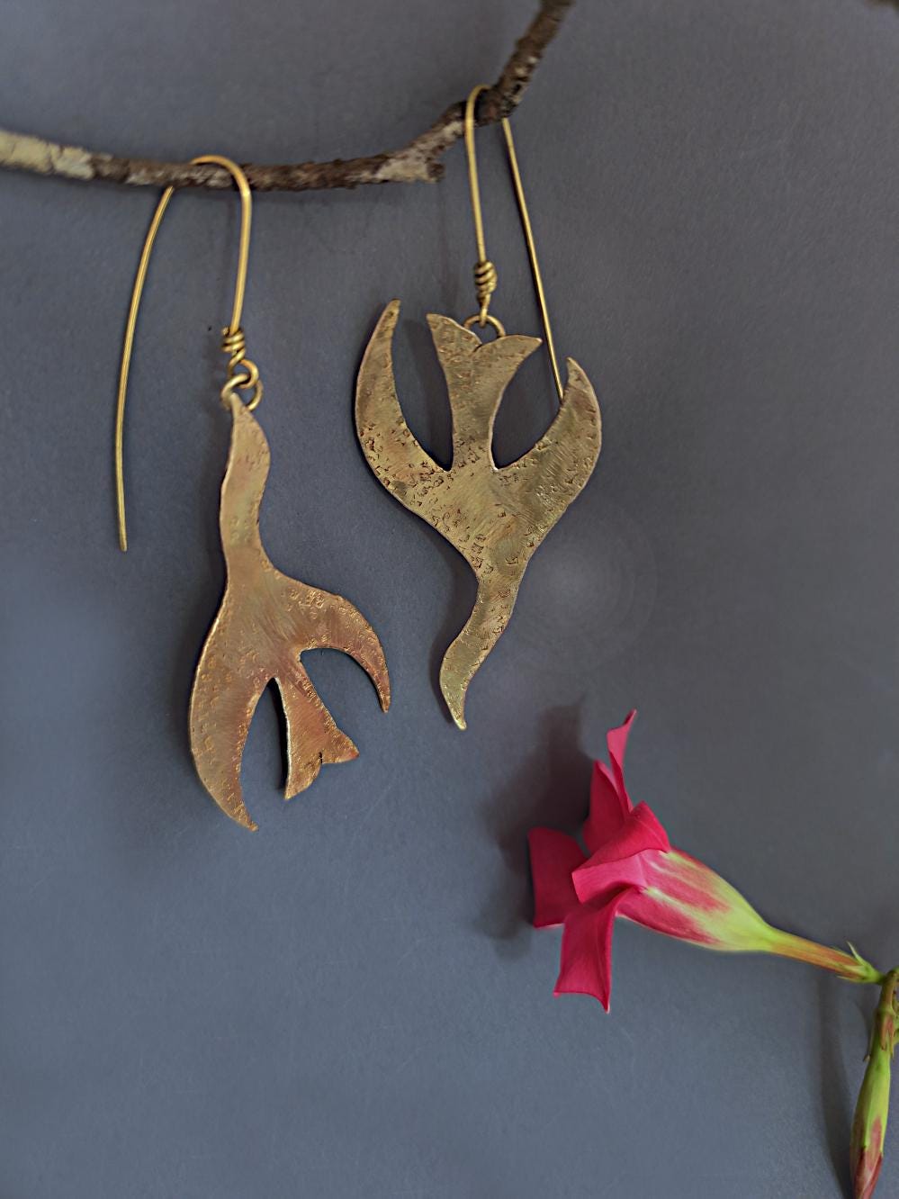 Textured Brass Bird Earrings in Brass/Copper/Silver