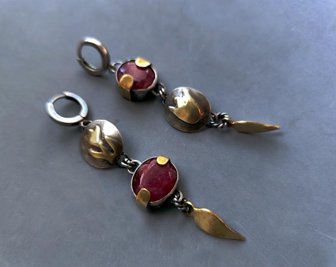 Statement Rustic Flower and Ruby Earrings in Oxidized Silver