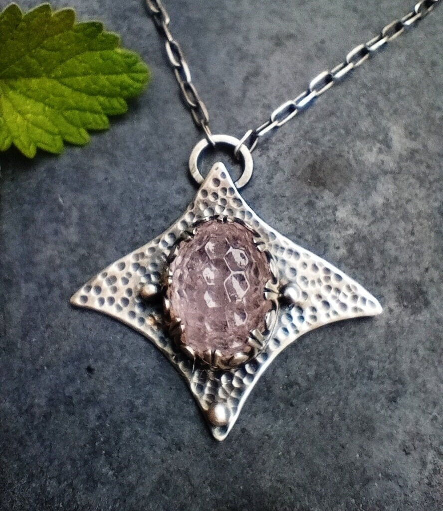 Carved Rose Quartz Statement Necklace in Textured Silver, Light Pink Gemstone Necklace, Silver Manta Necklace Genuine