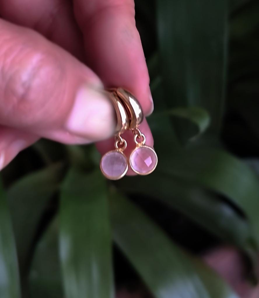 Rose Quartz Charm Gold Plated Hoop Earrings