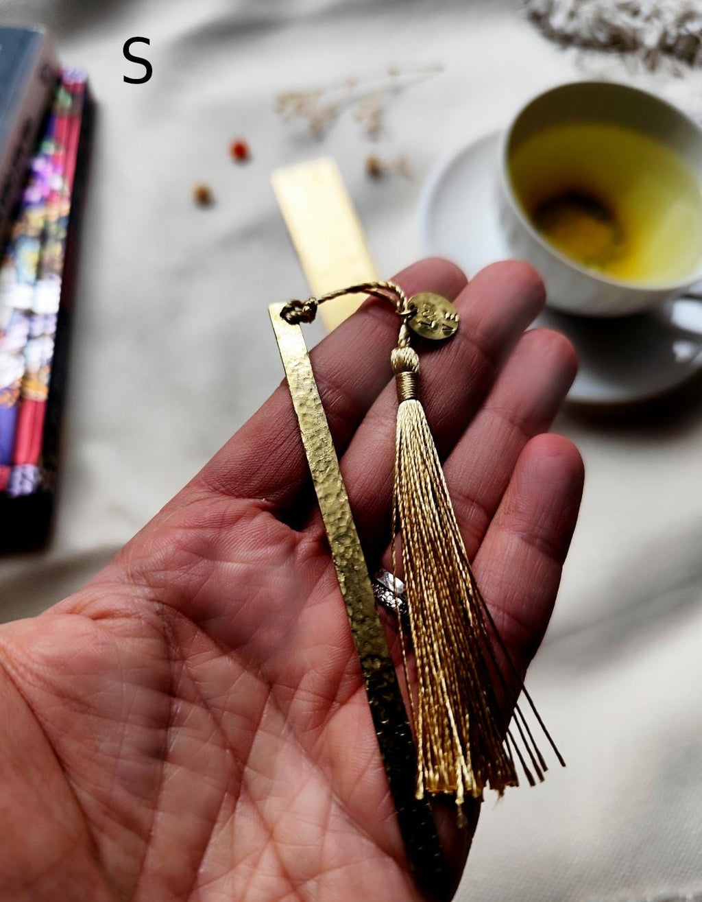 Personalized Golden Brass Bookmark Hammered Texture with Tassel