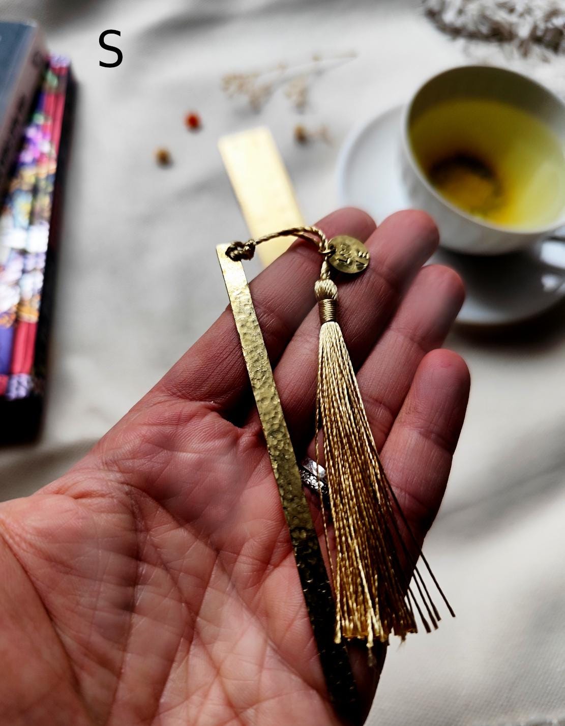 Personalized Golden Brass Bookmark Hammered Texture with Tassel