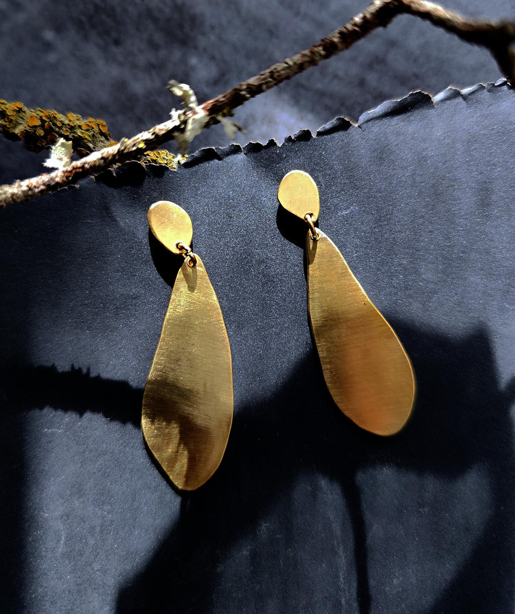Organic Shape Golden Brass Earrings with Sterling Studs