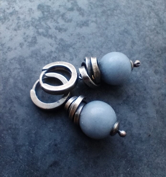Rustic Silver Angelite Earrings, Pale Blue Stone Jewellery, Handmade Jewellery Silver, Angelite Hoops, Angel Stone Jewellery Oxidized Silver