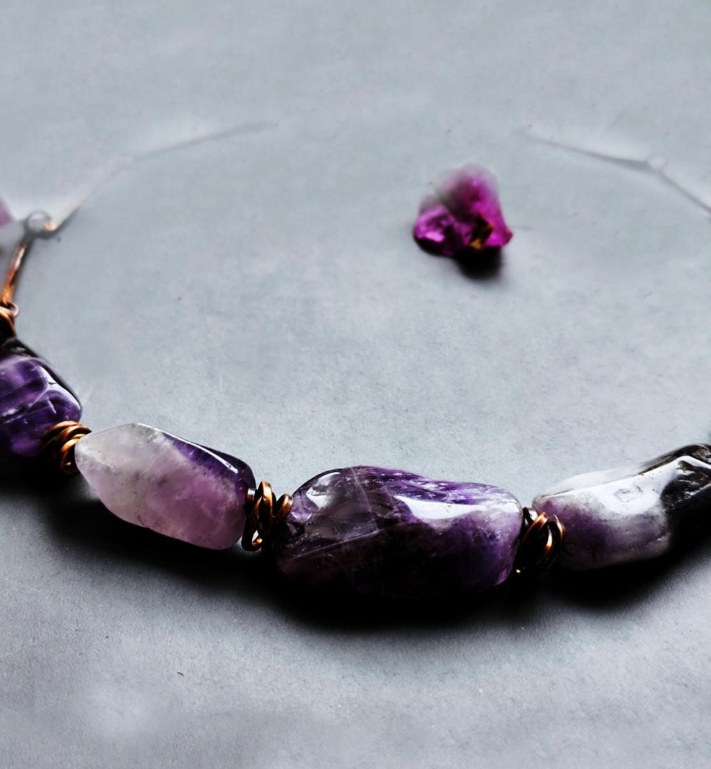 Chunky Amethyst Statement Necklace with Hand-Forged Chain