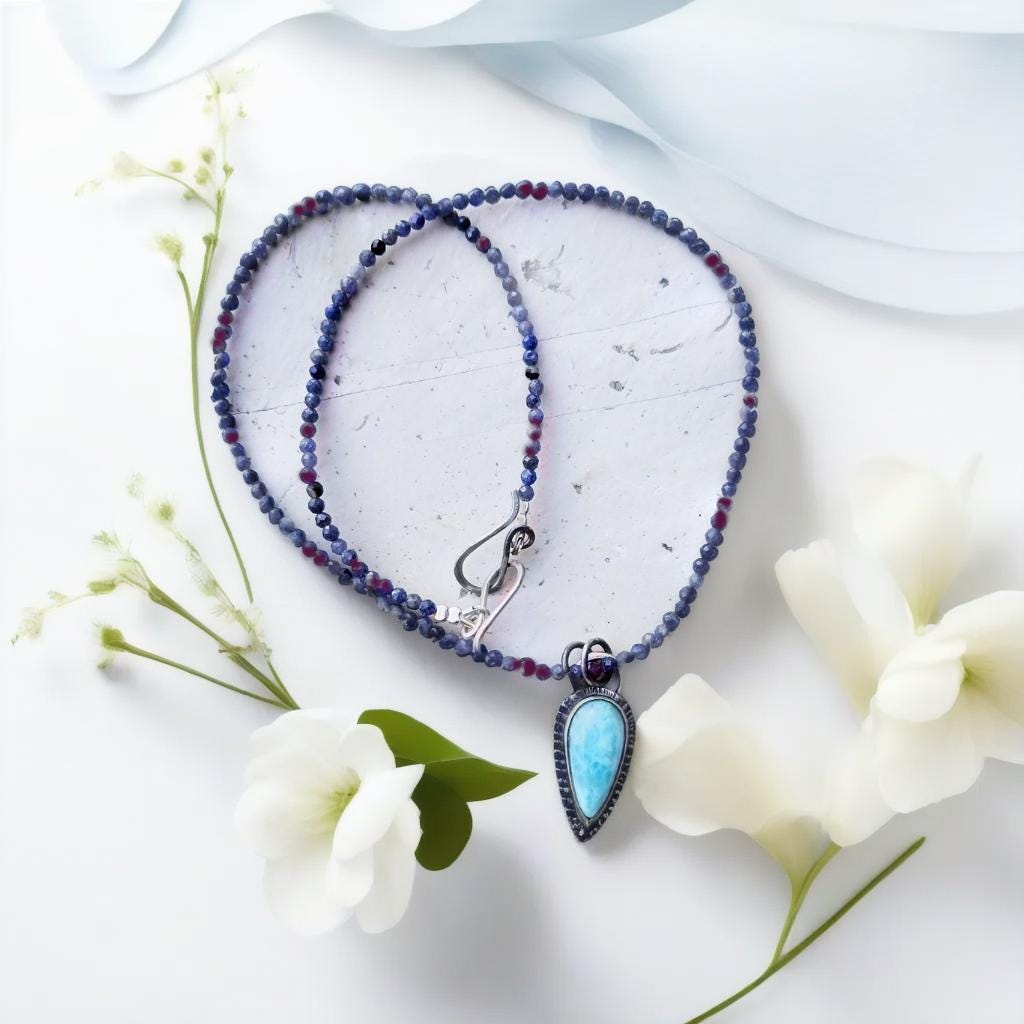 Larimar Necklace with Sapphire & Ruby Choker Choker & Gemstone Drop Charm