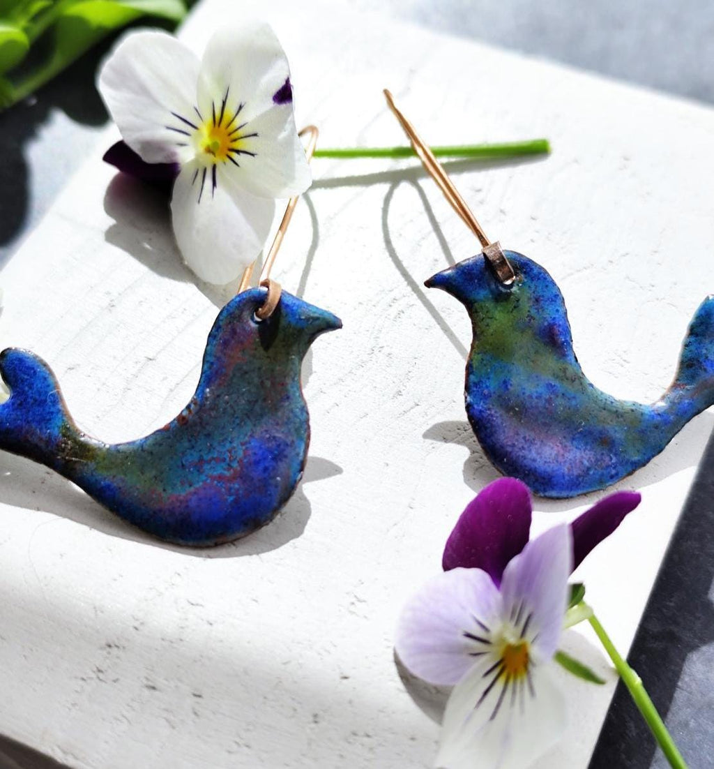 Blue Enamel Bird Earrings with Long Copper Hooks