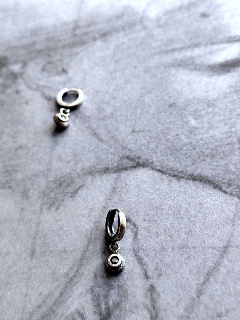 Small Rustic Hoop Earrings with Melted Silver Charm with Clear Zircon
