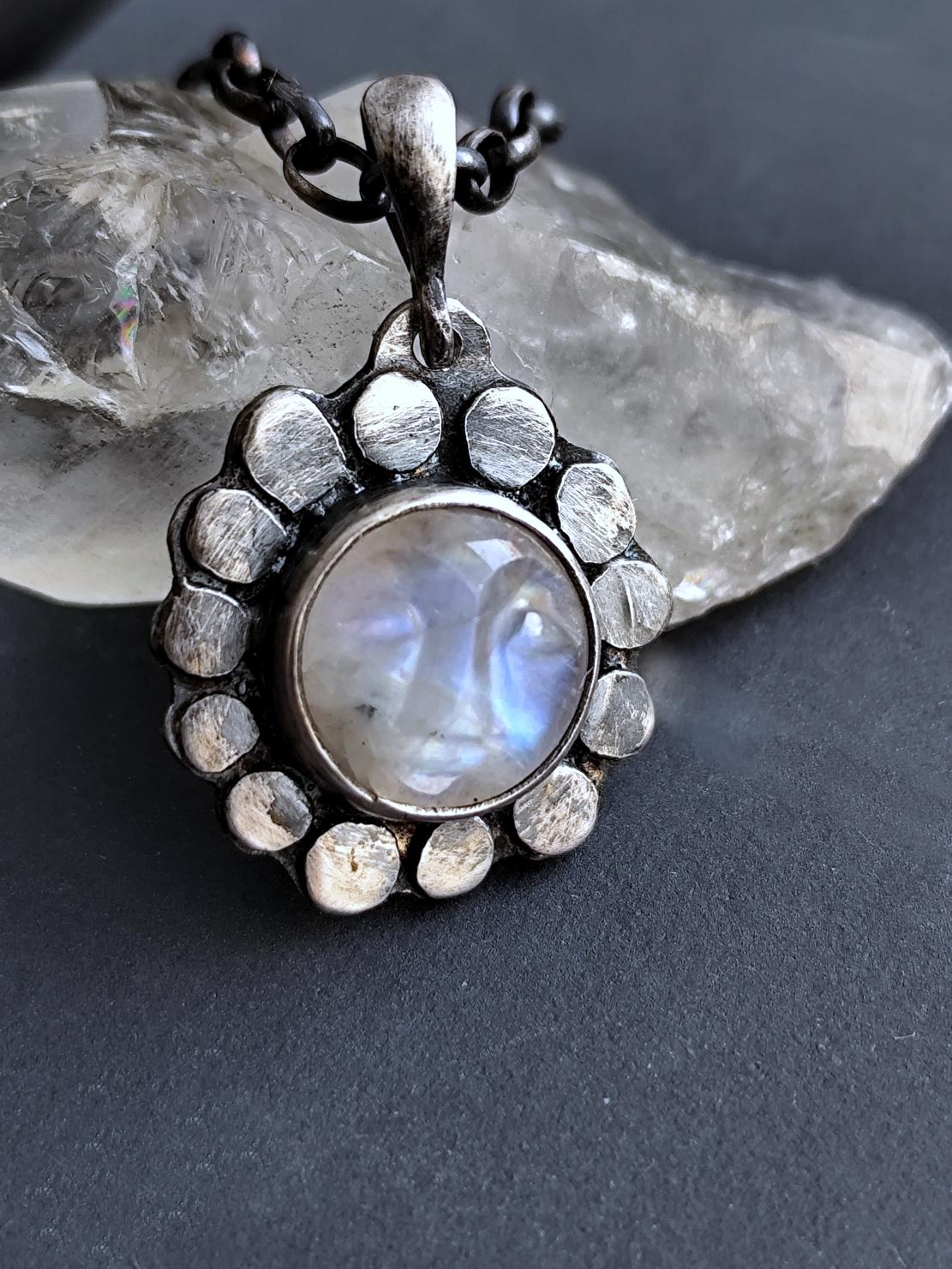 Unique Pendant with Carved Moonstone Face - Silver Moon Amulet