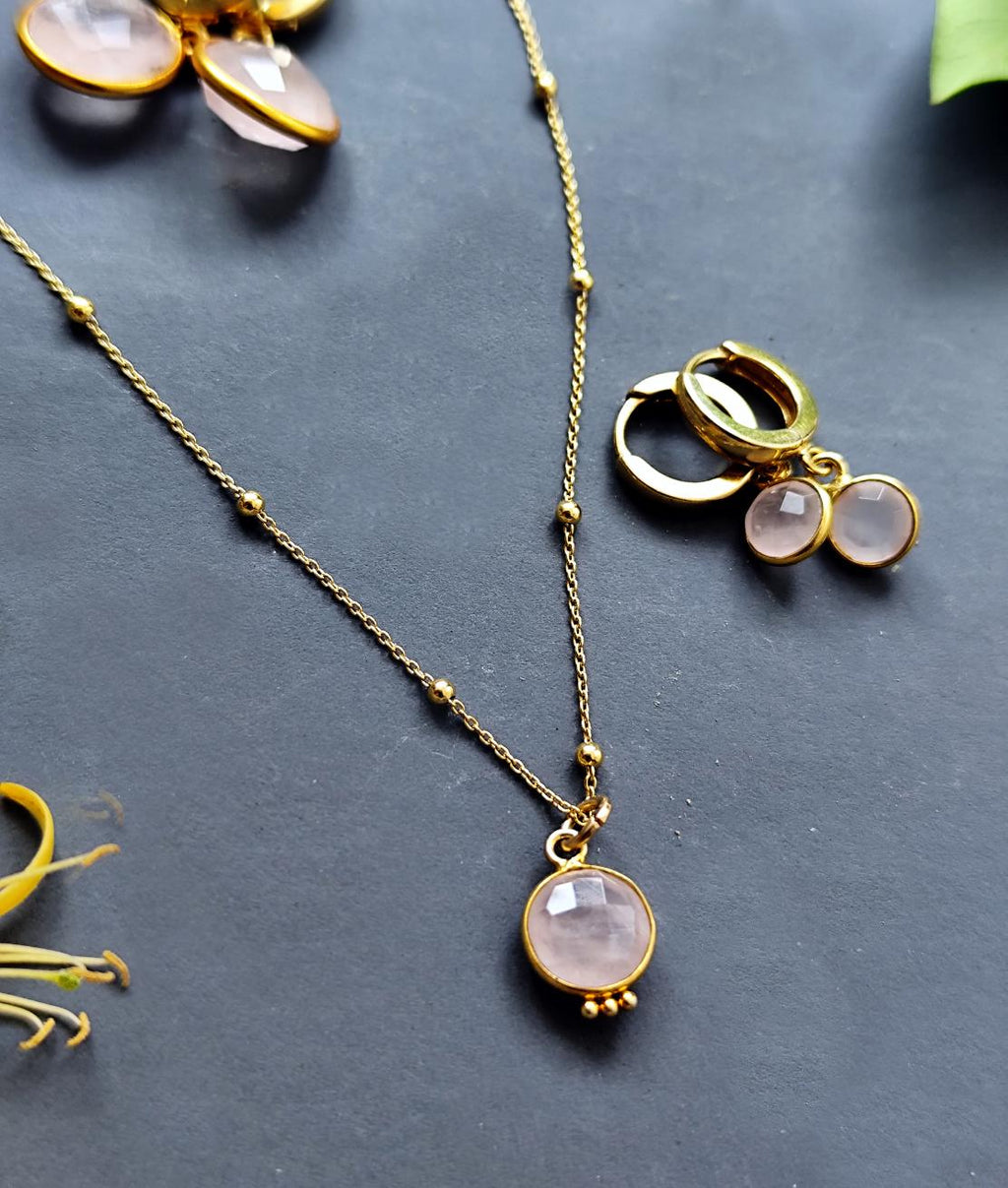 Dainty Rose Quartz Charm Necklace Gold Plated Sterling Silver