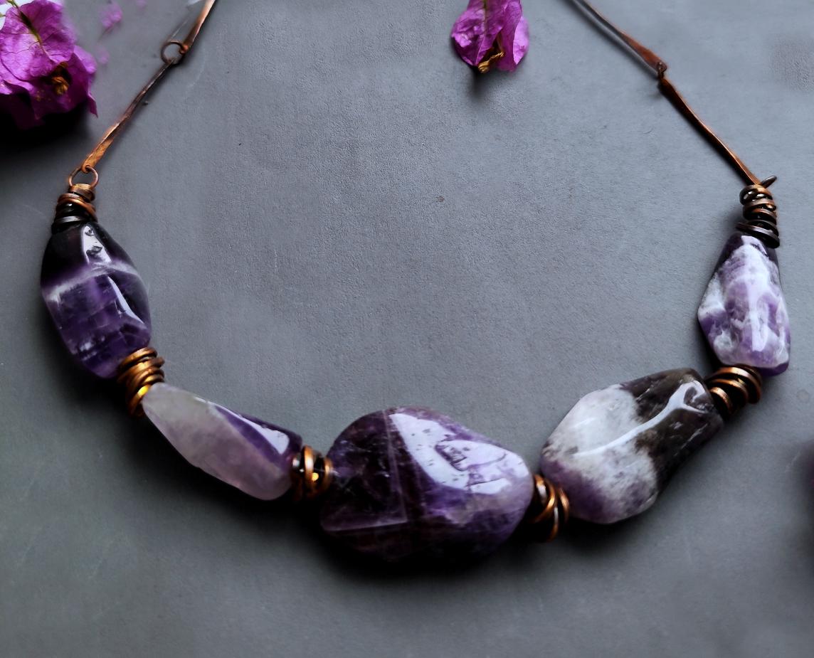 Chunky Amethyst Statement Necklace with Hand-Forged Chain