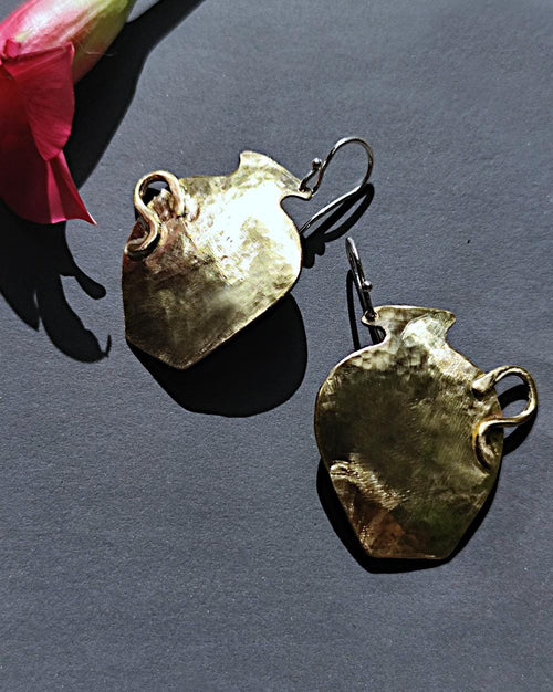 Ancient Vase Earrings in Golden Tone Hammered Brass