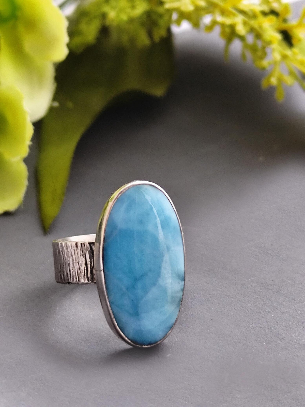 Blue Larimar Ring with Silver Open Band 7.25-9 // 01/2-S