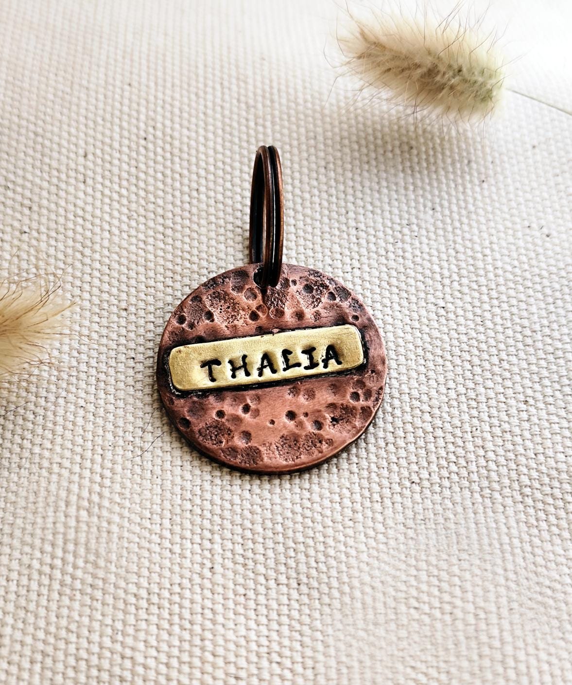 32mm Hammered Copper & Brass Pet ID Tag, Hand-stamped Custom Tag - for Large Dogs/Horses/Key-rings