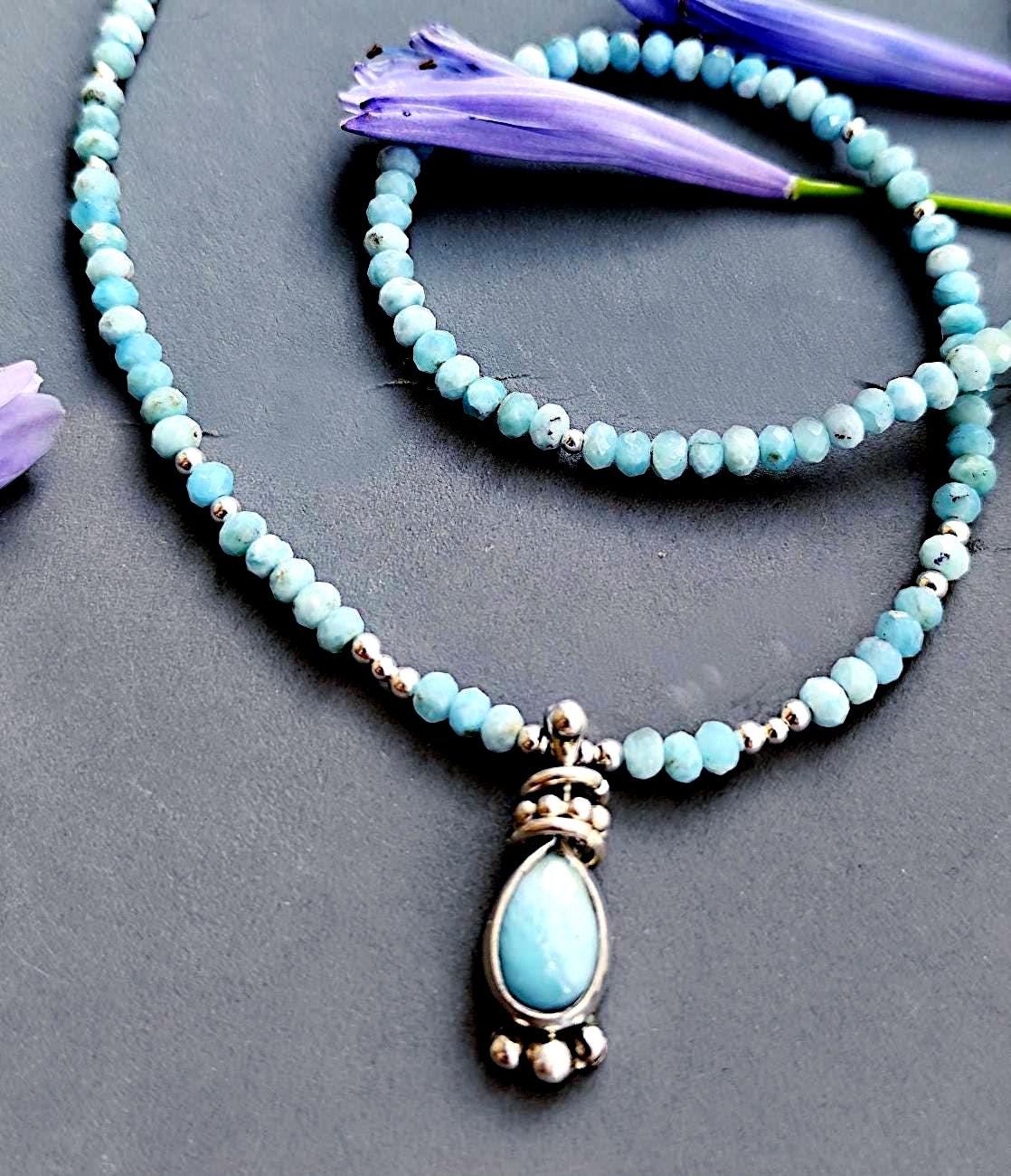 Blue Lagoon Larimar Beaded Necklace with Drop Pendant in Silver