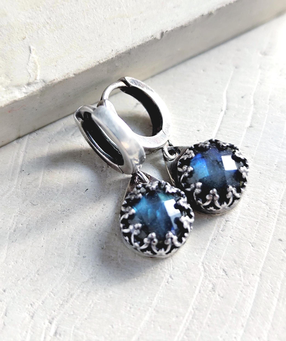 Silver Lace Bezel Labradorite Blue Moon Hoop Earrings