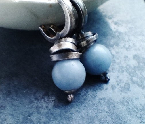 Rustic Silver Angelite Earrings, Pale Blue Stone Jewellery, Handmade Jewellery Silver, Angelite Hoops, Angel Stone Jewellery Oxidized Silver