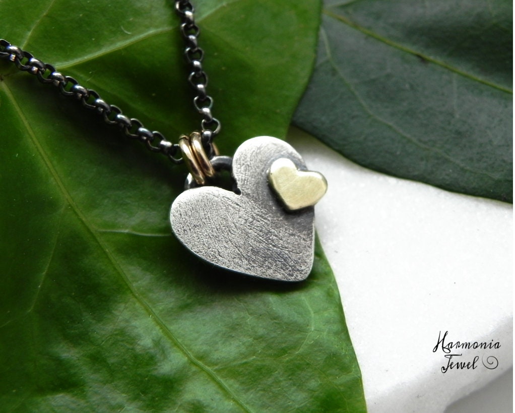 Heart Pendant - Two Hearts United - Artisan Sterling Silver & Brass Necklace in Antiqued Silver
