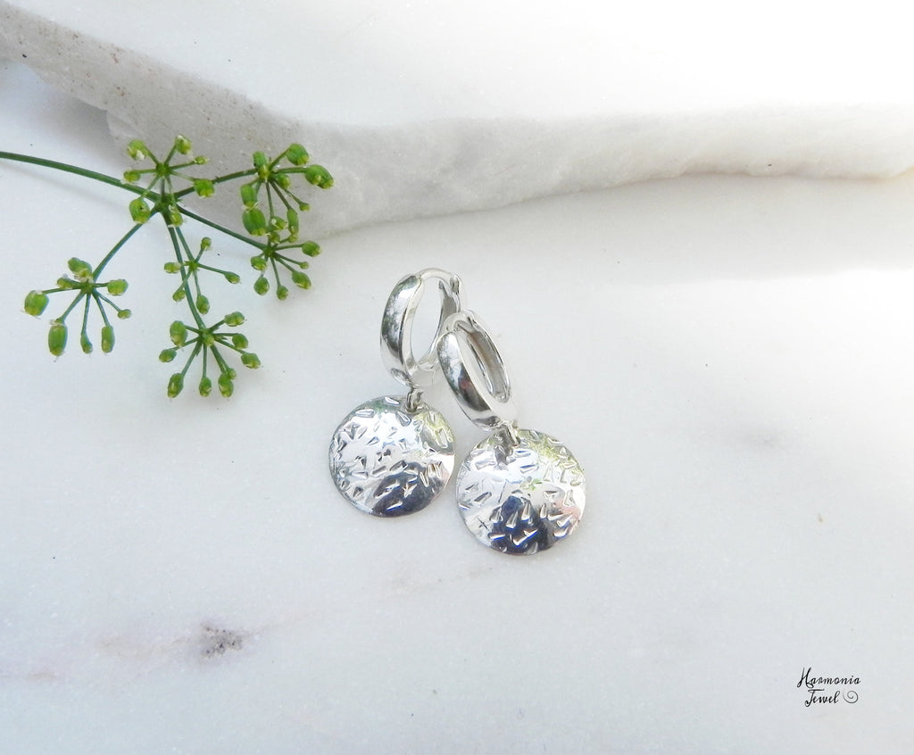 Short Hoop Earrings with Textured Disc Coins