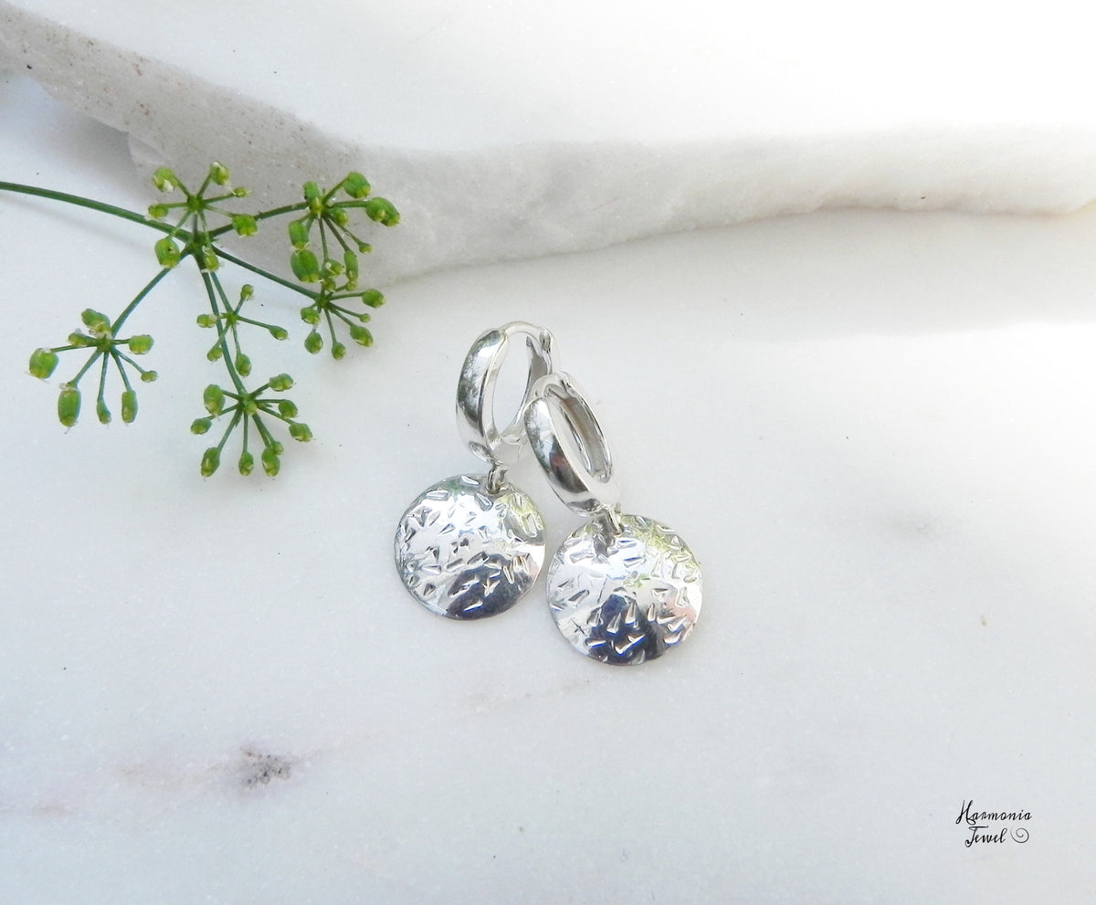 Short Hoop Earrings with Textured Disc Coins