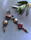 Statement Rustic Flower and Ruby Earrings in Oxidized Silver