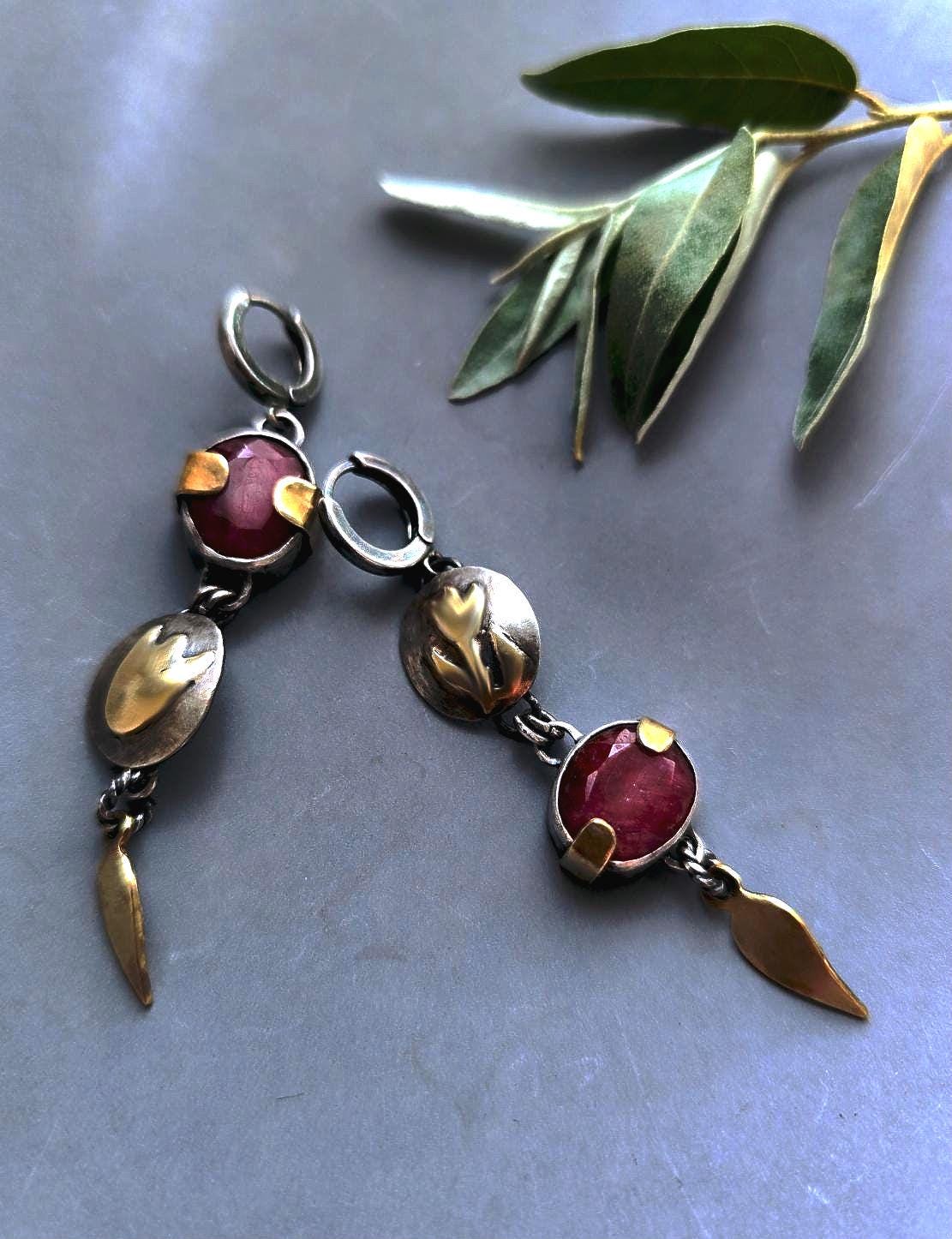 Statement Rustic Flower and Ruby Earrings in Oxidized Silver