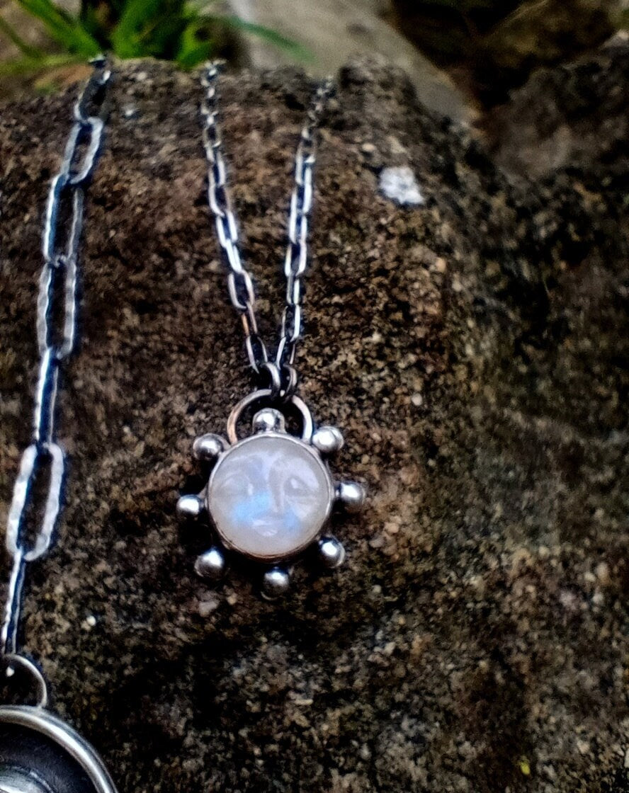Small Moonstone Face Pendant Silver Amulet Necklace