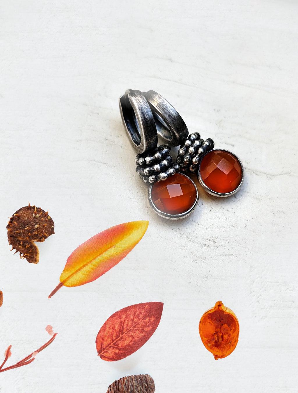 Carnelian Earrings Oxidized Sterling & Carnelian Hoops/ Creoles
