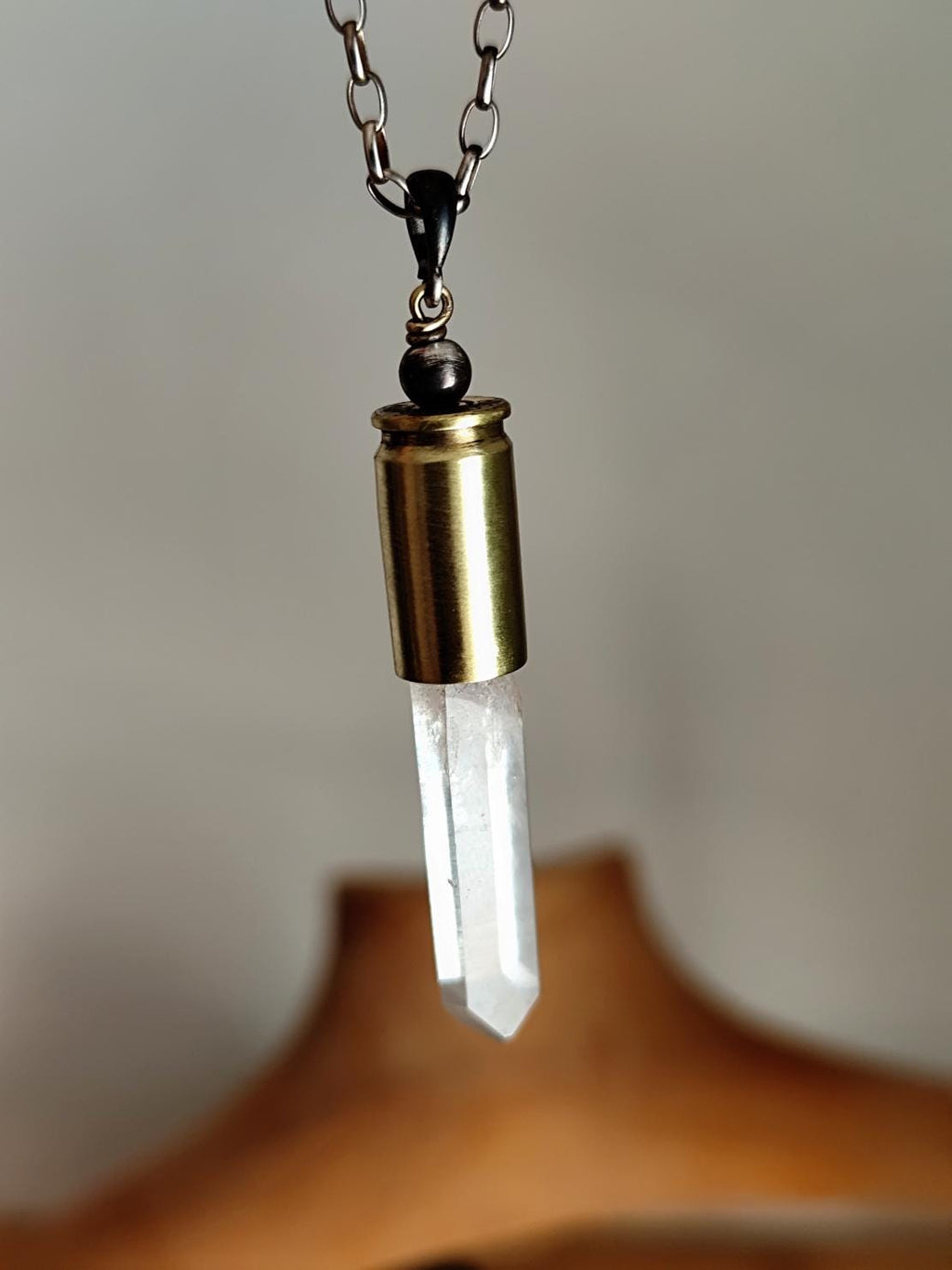Natural Crystal Quartz Point Bullet Casing Pendant Necklace with Sturdy Silver Chain