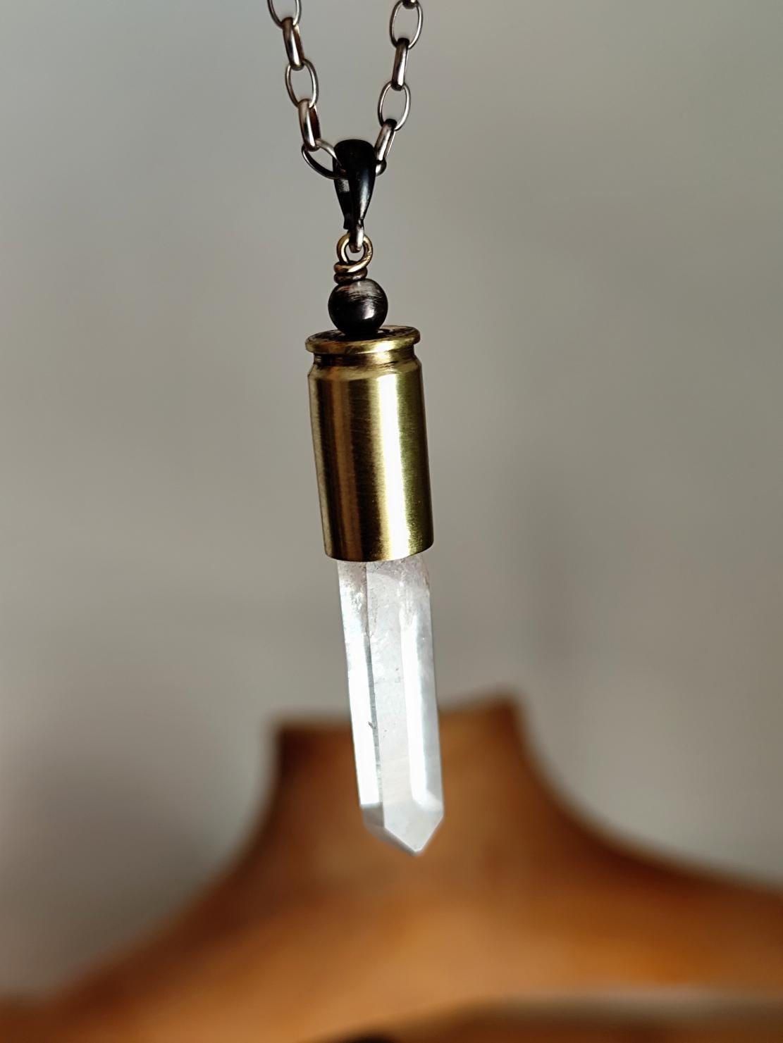 Natural Crystal Quartz Point Bullet Casing Pendant Necklace with Sturdy Silver Chain